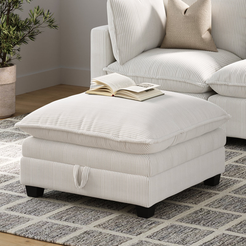 Modern Cloud Ottoman With Storage, Chelsea White Corduroy