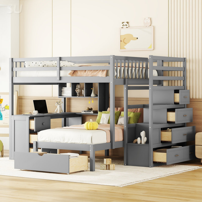 Lit superposé double au-dessus de simple avec bureau, tiroirs et tablettes, Gris