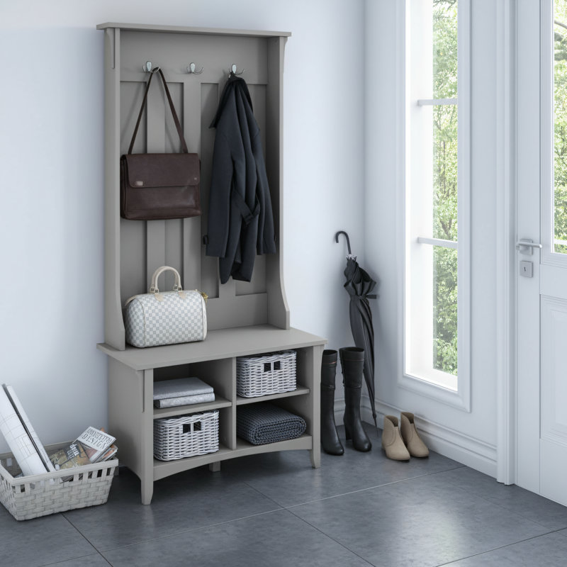 Gray Entryway Tree-Shaped Shoe Bench, A Multi-Functional Home Organization Item, Integrating Seating And Hooks Into One Entryway Storage Solution, With 3 Hooks.