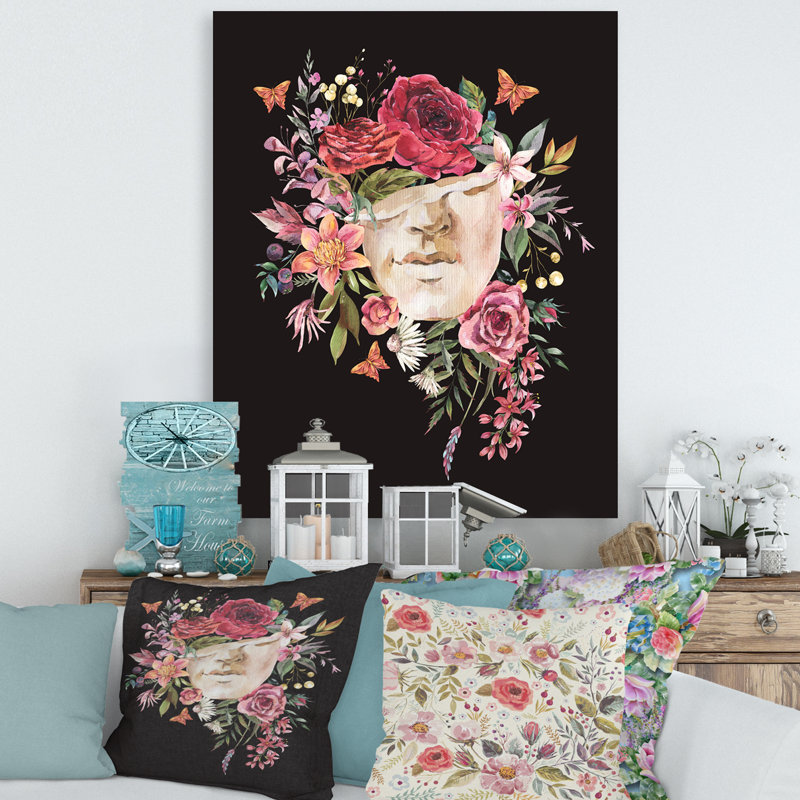 Sculpture grecque rétro avec fleurs séchées - peinture sur toile, H 40 po x l 30 po x P 1 po, Toile tendue