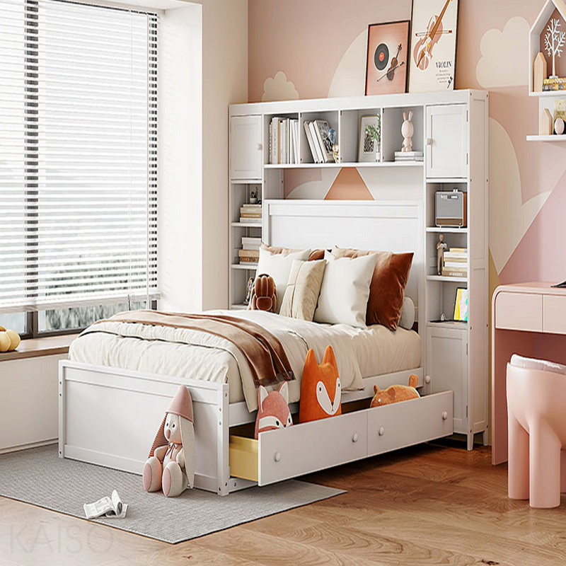 Grand lit en bois avec armoire tout-en-un, tablette et prises, blanc, White