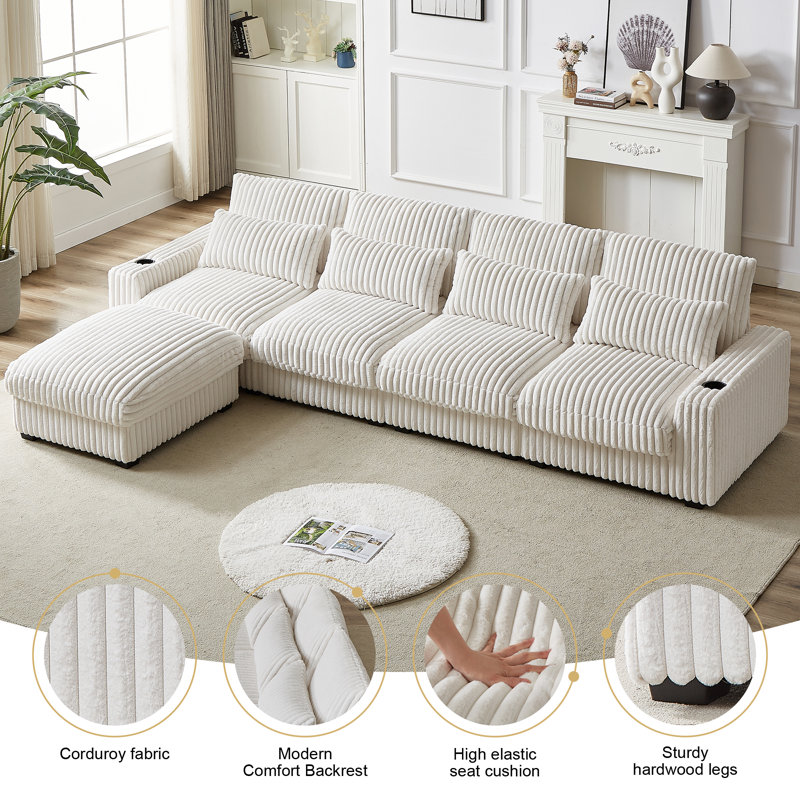 Canapé modulaire surdimensionné en L 126 po avec repose-pieds et porte-gobelets 126 po, Velours côtelé beige