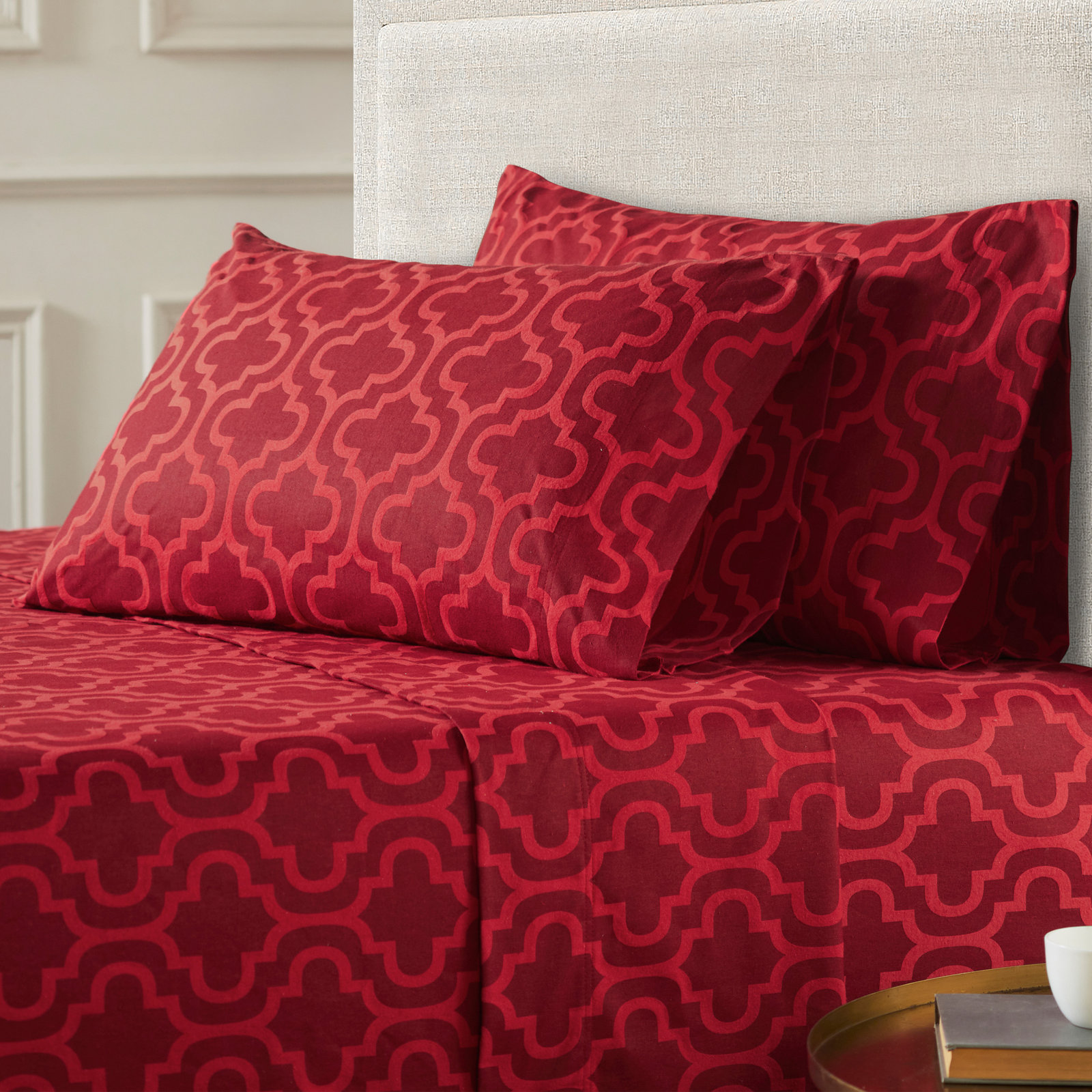All-Season Breathable 100% Cotton Flannel Pillowcase Set, King, Burgundy Trellis