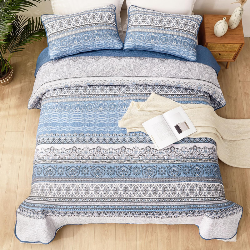 Ensemble de 3 courtepointe Boho Bohemian, Courtepointe pour lit grand + deux taies décorati, Bleu clair