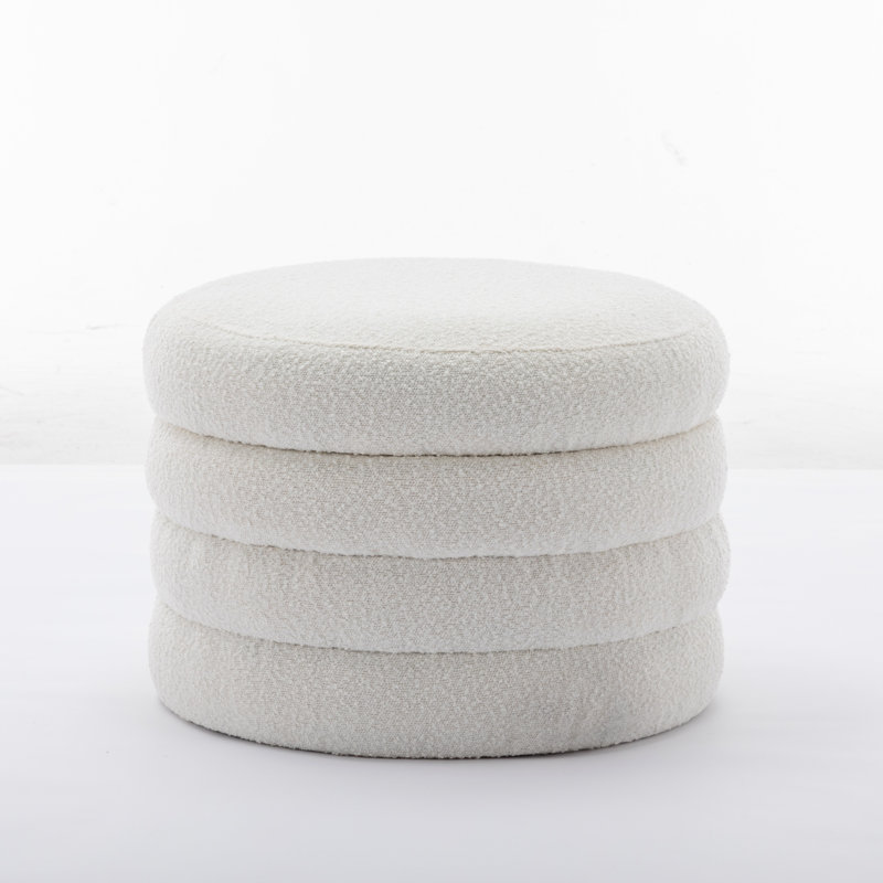 Velvet Fabric Storage Round Ottoman Footstool With Wooden Shelving, Ivory Boucle