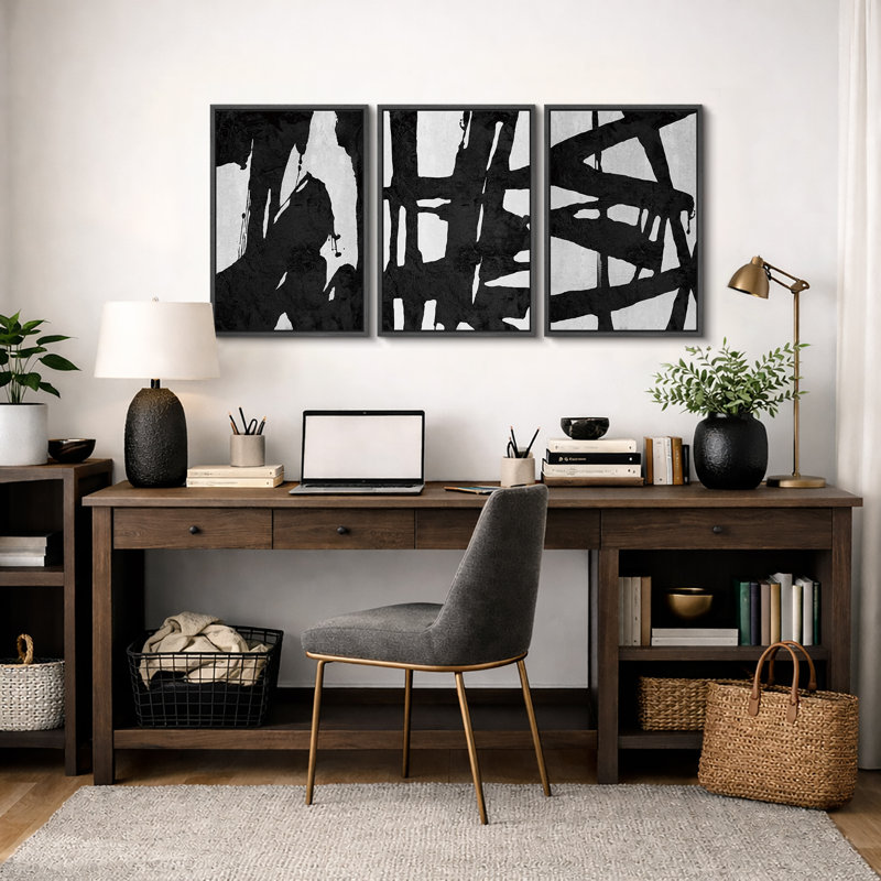 BAW ", noir et blanc, gris, coup de pinceau audacieux, peintures murales abstraites et contemporaines modernes, impression sur toile encadrée, 3 pièces