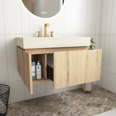 Meuble-lavabo en bois blanc à grain de bois de 30 po avec lavabo, comptoir en pierre frittée Roma Travertine et lavabo en céramique avec 3 trous de robinet pré-percés, armoire de rangement en contreplaqué flottant avec tiroir et porte, pré-assemblé