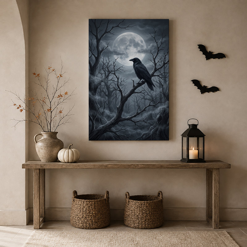 Art mural sur toile, "Black Raven" perché sur une branche torsadée sous Halloween, H 18 po x l 12 po
