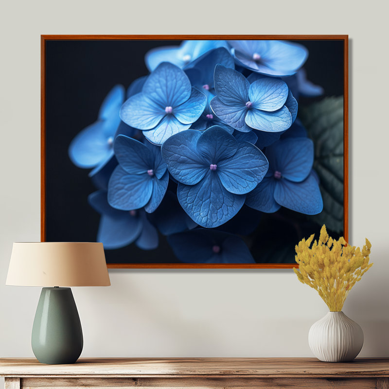 Nirvana bleu, bleu, hortensia, art mural, H 24 po x l 32 po, Cadre flottant brun