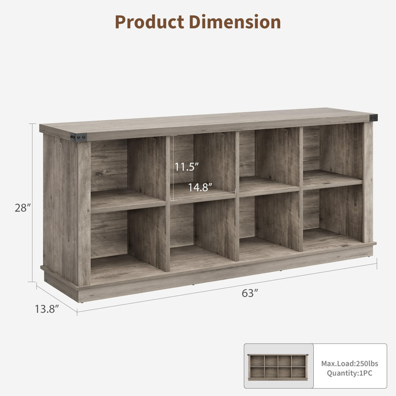 3-Tier 8-Cube Wooden Storage Organizer, 63" Long Low Farmhouse Bookshelf for Entryway, Living Room, or Bedroom, Grey