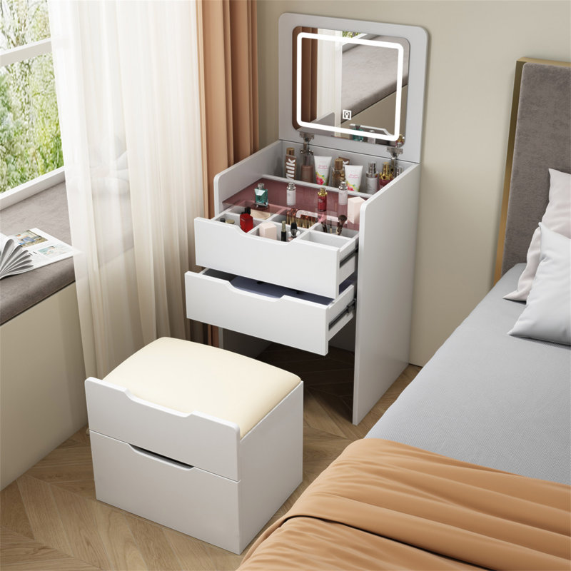 (48CM) Meuble-lavabo 3 en 1 avec miroir à plateau rabattable, petit ensemble de coiffeuse avec bureau en verre visible, meuble-lavabo compact avec 3 tiroirs, coiffeuse pour la chambre à coucher, coiffeuse, cadeau pour la fête des mères
