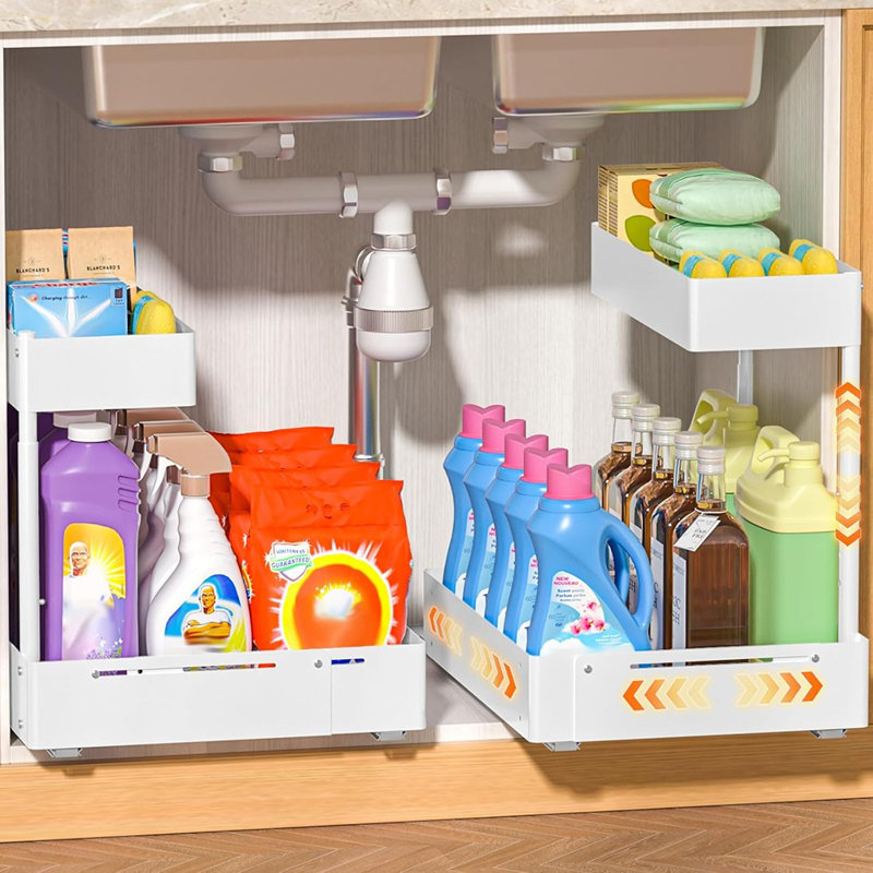 Ensemble de 2 tablettes extensibles sous évier à 2 niveaux - Armoire de rangement réglable avec glissières à roulement à billes pour la cuisine, la salle de bain et le garde-manger