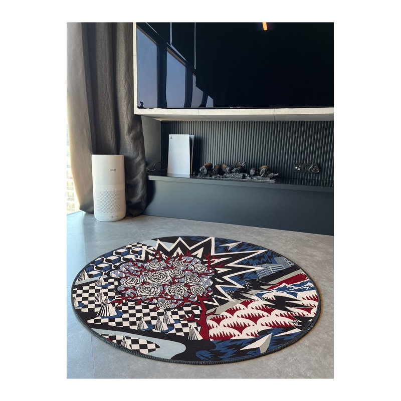 Tapis lavable noir et blanc à motif géométrique à motif géométrique abstrait, Sous-tapis rond 2 pi 8 po inclus