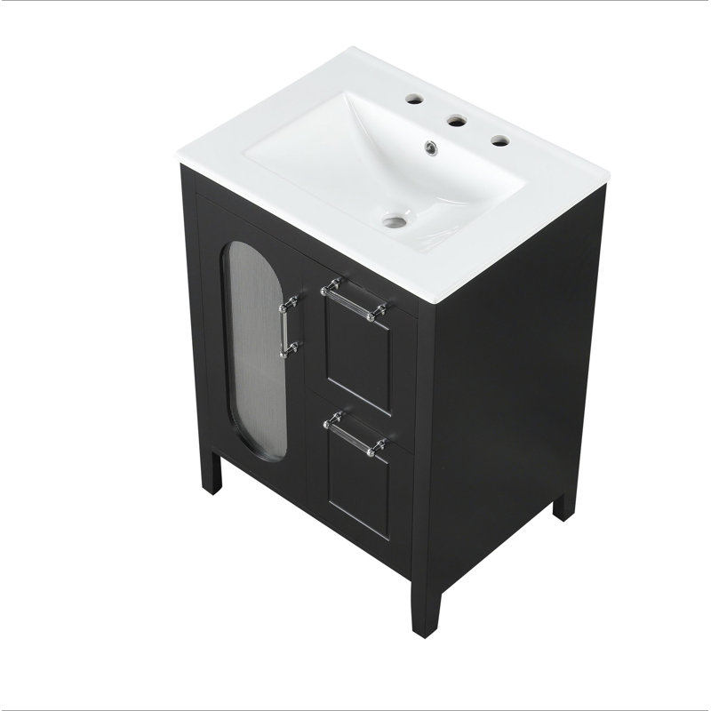 Meuble-lavabo 24 po avec lavabo, meuble-lavabo avec deux tiroirs et porte, tablette réglable, bois massif et panneau de fibres à densité moyenne