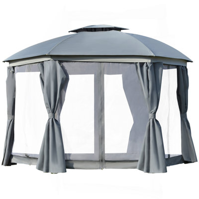 12' X 12' Round Outdoor Gazebo, Patio Dome Gazebo Canopy Shelter With Double Roof, Netting Sidewalls And Curtains, Zippered Doors, Strong Steel Frame, Grey