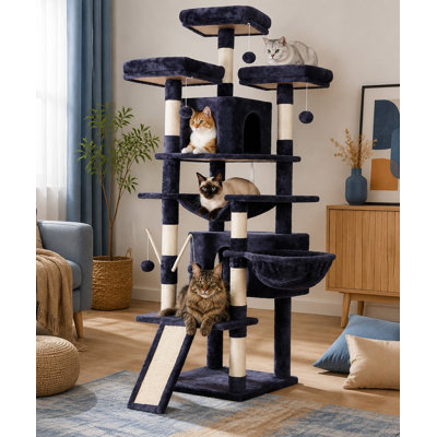 Maison pour chat à plusieurs niveaux gris fumé de 71 pouces pour chats d'intérieur, comprenant des perchoirs rembourrés stables, 3 plateformes, un panier, 2 condos confortables, des poteaux à griffer et une balle jouet.