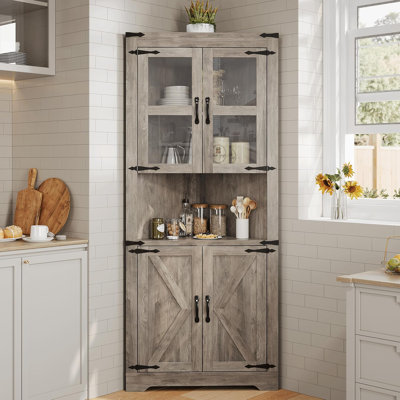 Tall Corner Cabinet, Farmhouse Corner Storage Cabinet With Glass Door & Adjustable Shelves, Space Saving Storage For Living Room, Kitchen, Bathroom