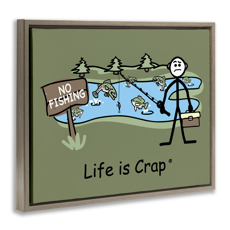 «No Fishing at Pond Floater» par LIC, H 17 po x l 21 po, Cadre flottant brun