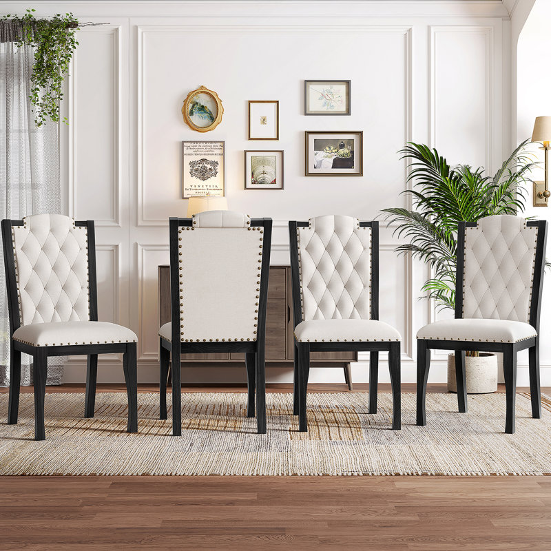 Ensemble de 4 chaises de salle à manger rembourrées, chaises de cuisine capitonnées avec pieds en bois massif et garnitures cloutées