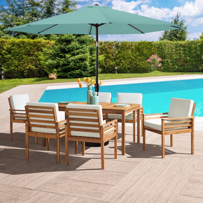 Arjay 8 Pc Patio Dining Set Wood One 63" Table Chairs With Cushions And 1 10-Foot Tilt Umbrella, Light Green, 6