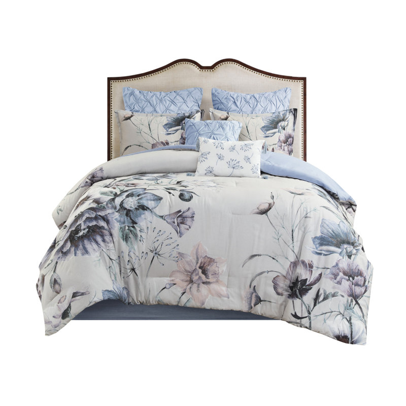 Édredon bleu très grand - 8 pièces en coton imprimé, look chic décontracté, rembourrage, coussins brodés très grand, style Shabby et literie décorative