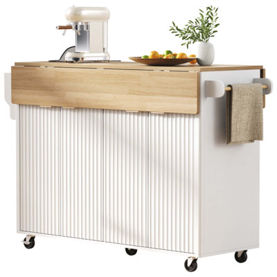 55.5" Fluted Kitchen Island With 2 Drop Leaf, Kitchen Storage Cart With Power Outlet