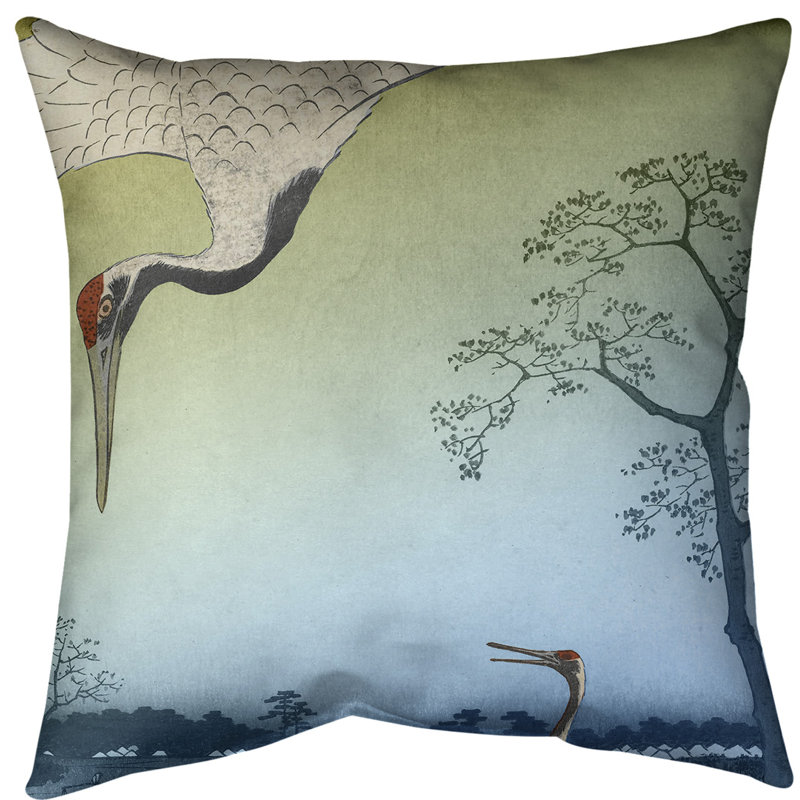 Housse de coussin en jeté japonaise grues, 16 po x 1 po, Bleu / dégradé vert, Sergé de coton