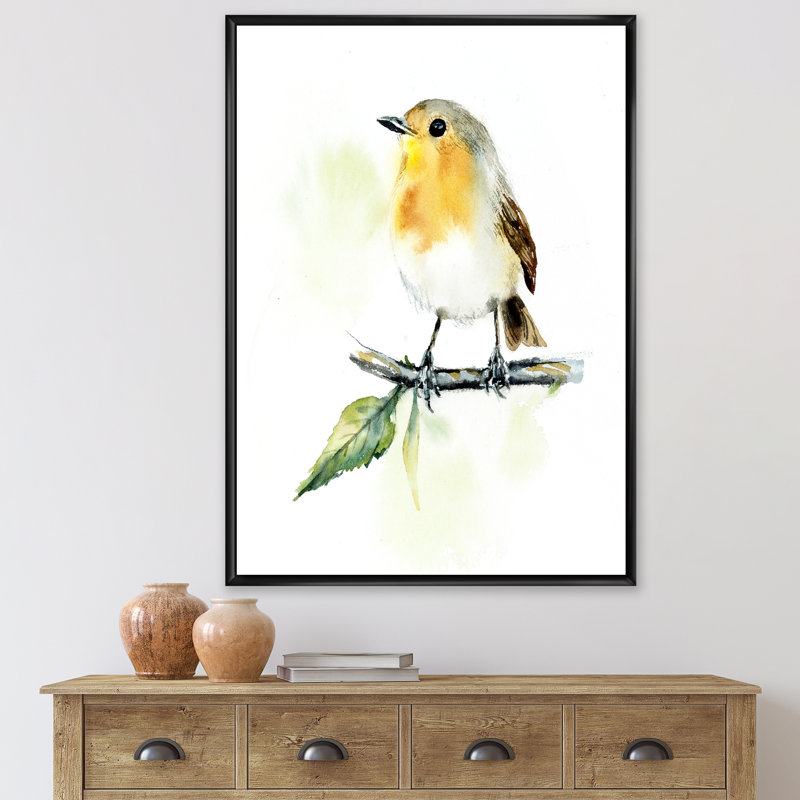 Petit oiseau sur une branche - peinture sur toile, H 32 po x l 16 po x P 1 po, Toile avec cadre noir