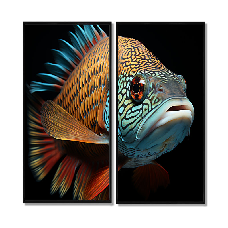 Portrait de poisson - ensemble d'art mural traditionnel orange, ensemble de 2, 32" H x 32" W, Impression encadrée flottante