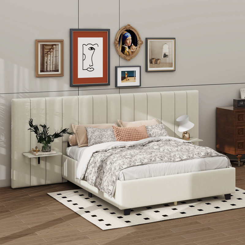 Lit plateforme tapissier avec grande tête de lit Nijae, Beige