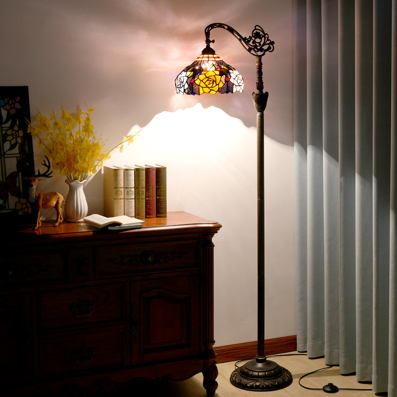 63"H Tiffany Style Floor Lamp with Stained Glass Shade and Resin Base, Black Background Rose Pattern