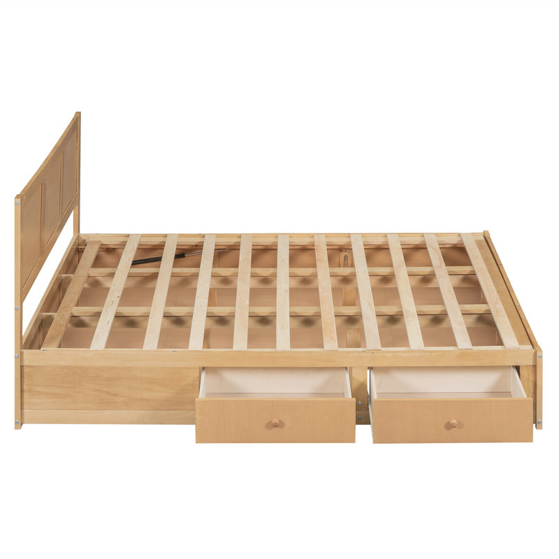 Grand lit plateforme en bois avec rangement en dessous et 2 tiroirs, couleur bois, Grand lit