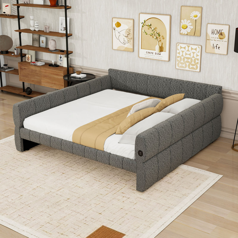 Upholstered Daybed Frame with USB Ports, Gray