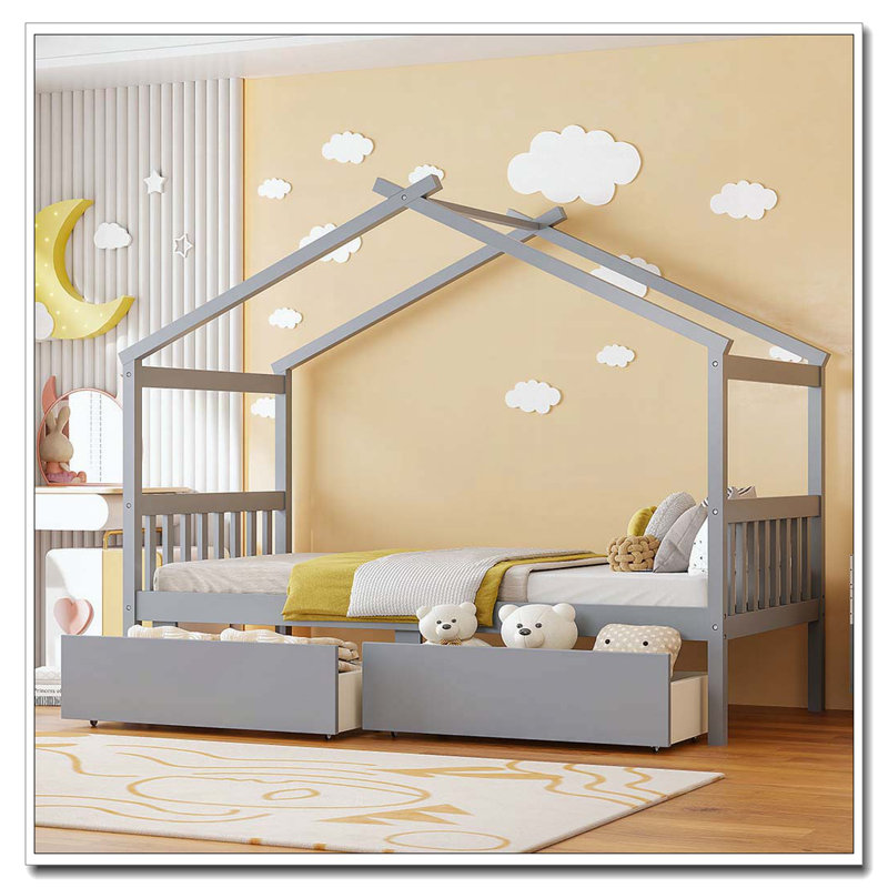 Lit en bois avec tiroirs, gris, Simple