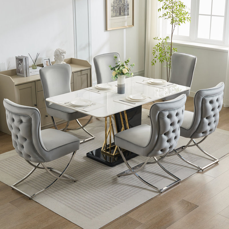 Chaise de salle à manger capitonnée en velours avec pieds en X argentés, Gris clair