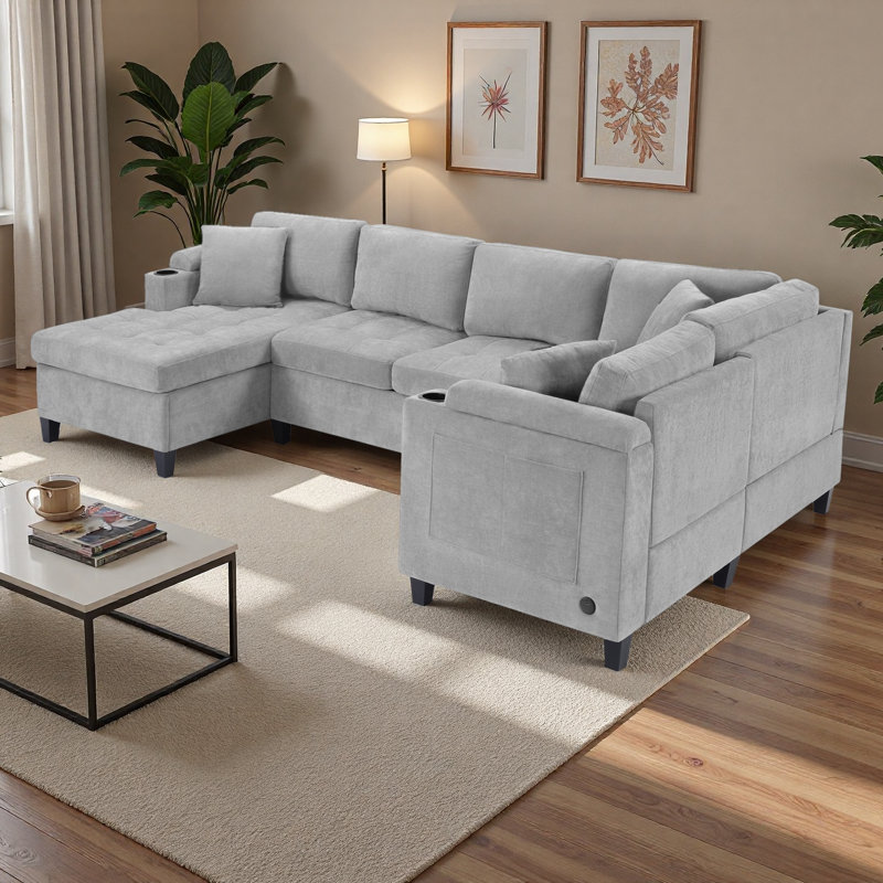 Canapé modulaire de 115,7 po en forme de U avec ports USB et rangement, canapé d'angle en chenille moderne avec méridienne, porte-gobelets et coussins capitonnés moelleux pour le salon