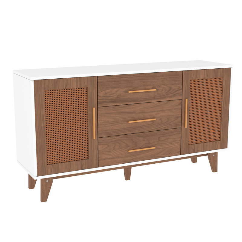 White and Brown 59" Rattan Sideboard with Wooden Legs