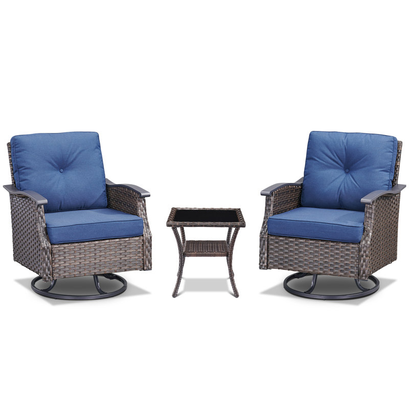 Brown Wicker 3-Piece Patio Set with Blue Cushions and Side Table