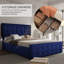 Base de lit tapissier grand format en flanelle avec tête de lit capitonnée à boutons, 4 tiroirs de rangement roulants, support à lattes en bois, aucun sommier nécessaire, bleu-129916495