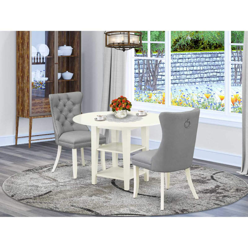 3-Piece Linen White Finish Round Solid Wood Top With Dropleaf Dining Table Set, Light Gray