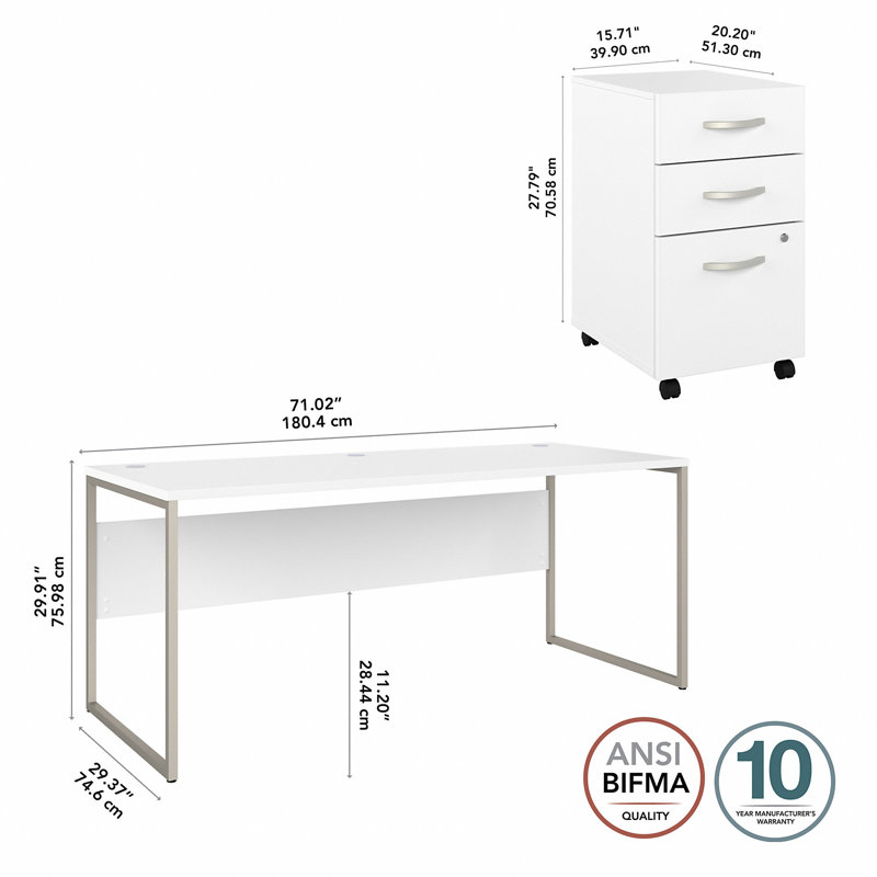 Bureau et piédestal mobile à 3 tiroirs, Blanc, H 29,91 po x l 71,02 po x P 35,43 po