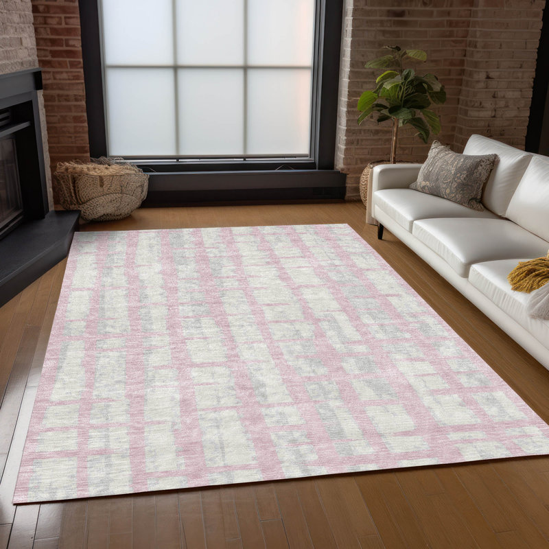 Tapis intérieur / extérieur en polyester tissé à la machine à motif abstrait mâle rose Pinkk, Rectangulaire 3 pi x 5 pi