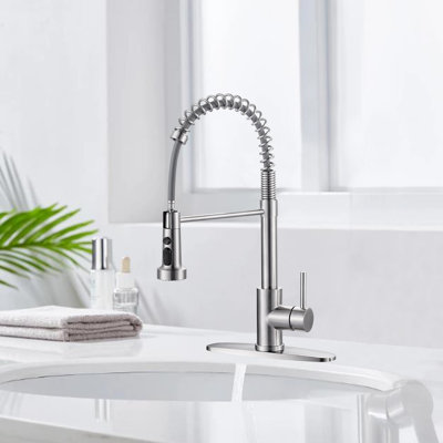 Pull-Down Spray Kitchen Faucet, Stainless Steel Single Handle Spring Kitchen Faucet With 3 Functions, Suitable For 1 Or 3 Holes, With Deck.