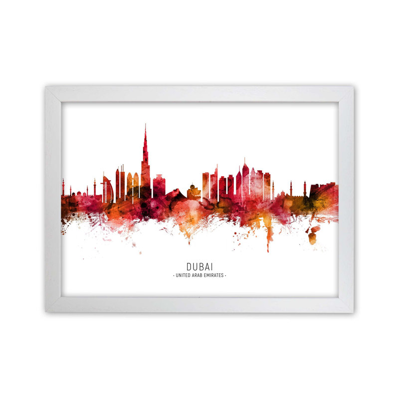 Dubai United Arab Emirates Skyline Red City Name by Michael Tompsett - Print, 46cm H x 63cm W x 3cm D, White Framed