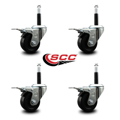 Hard Rubber Swivel 3/4 Inch Expanding Stem Caster Set Total Lock Brake
