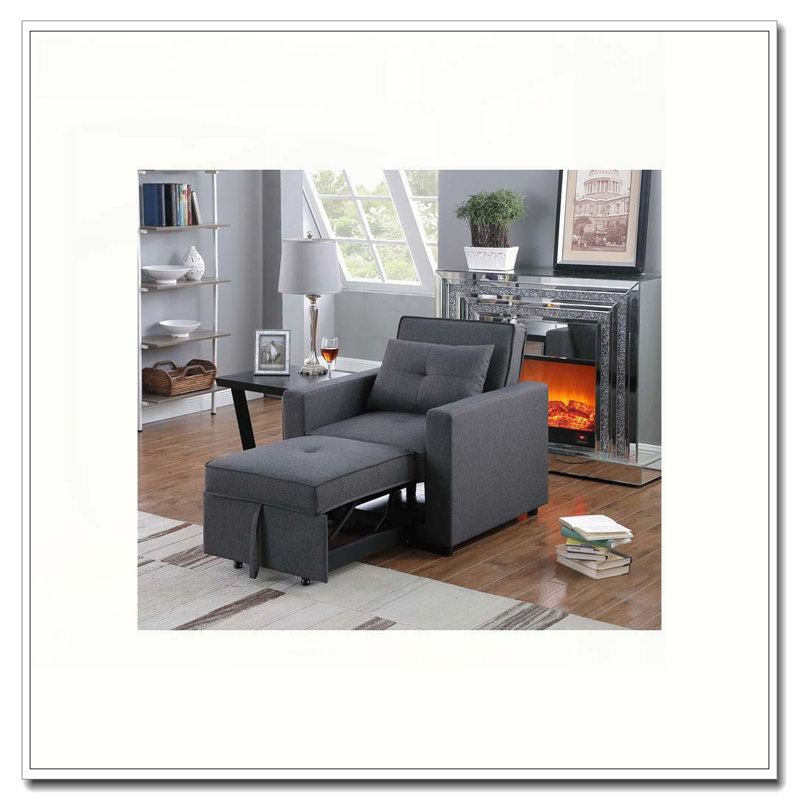Zoey 33.25" Dark Gray Linen Convertible Sleeper Chair with Side Pocket, Dark Gray