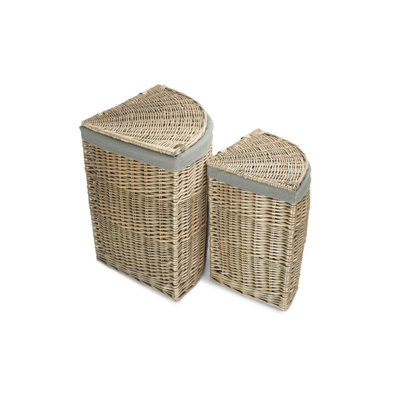 Wicker 2 Piece Corner Laundry Basket Set With Lining, Antique/Grey