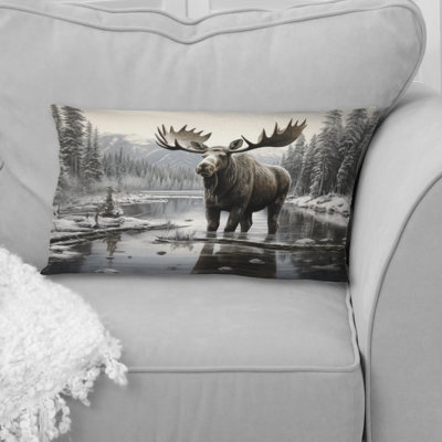 Brown White Moose Winter Majesty - Moose Printed Pillow