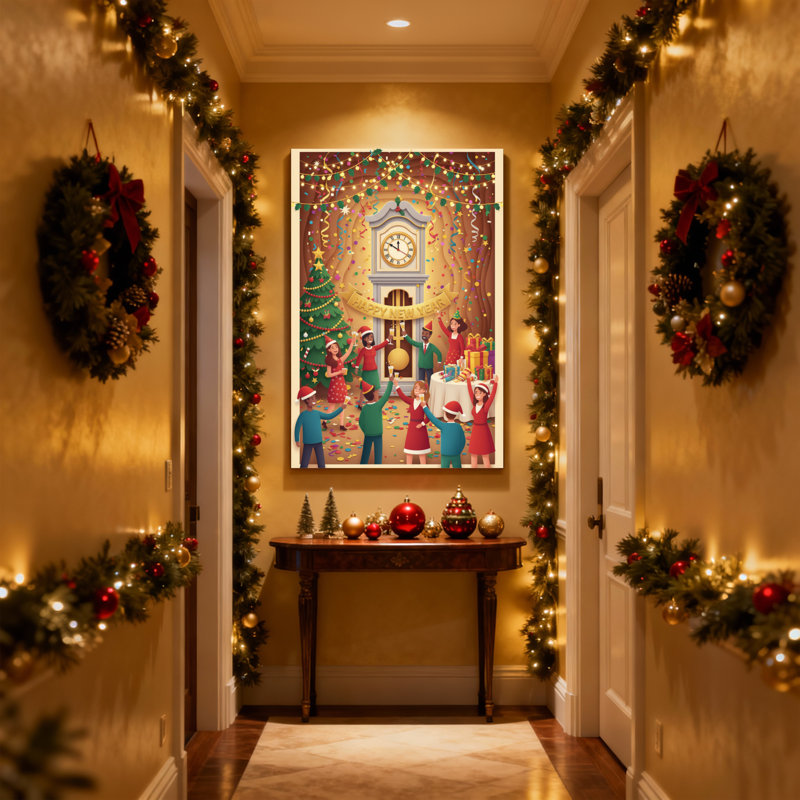 Fête de Noël avec horloge et arbre, ensemble de 3 impressions sur toile, H 18 po x l 12 po