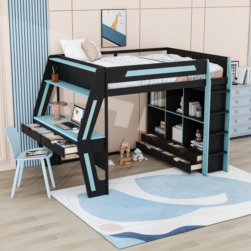 Lit mezzanine avec bureau, lumières DEL, ports de chargement USB, 6 casiers de rangement et 6 tiroirs, Black Blue